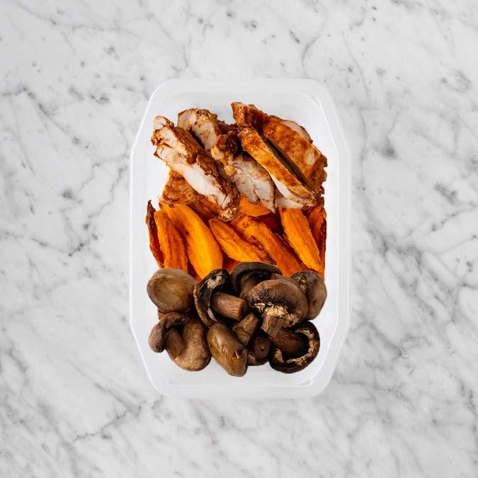 100g Chipotle Chicken Thigh 50g Sweet Potato Fries 250g Mushrooms