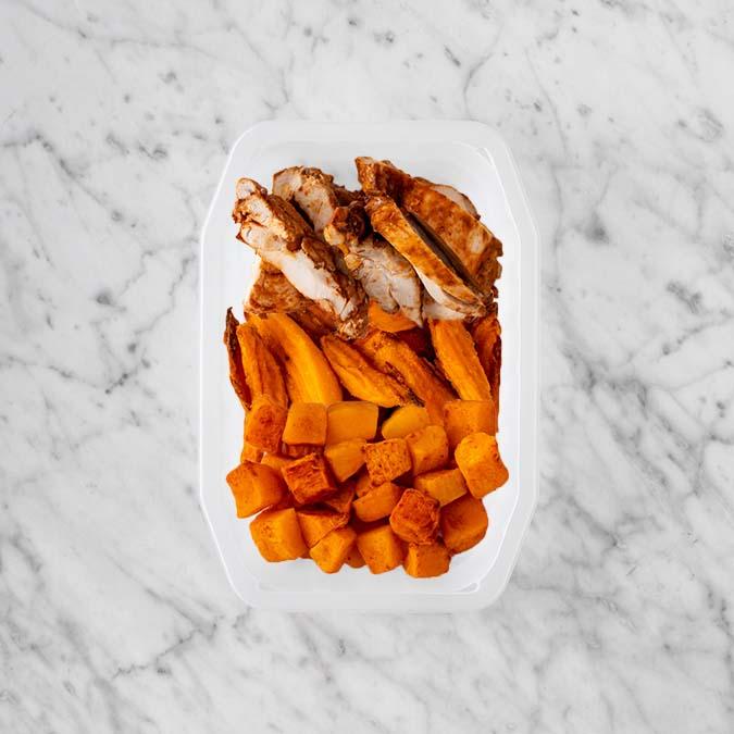 100g Chipotle Chicken Thigh 50g Sweet Potato Fries 150g Rosemary Baked Sweet Potato