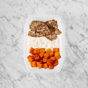 150g Crusted Chicken 100g Basmati Rice 100g Rosemary Baked Sweet Potato