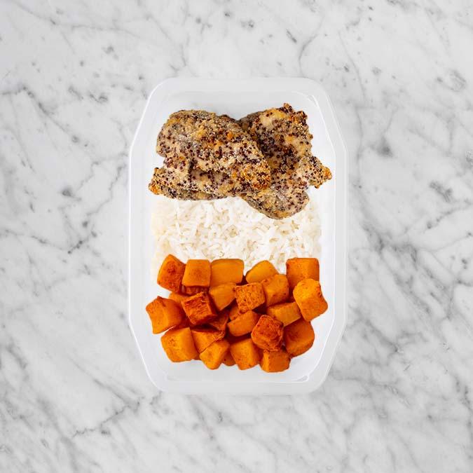 150g Crusted Chicken 100g Basmati Rice 100g Rosemary Baked Sweet Potato