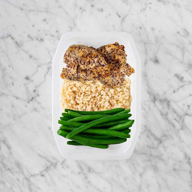 200g Crusted Chicken 100g Brown Rice 50g Green Beans
