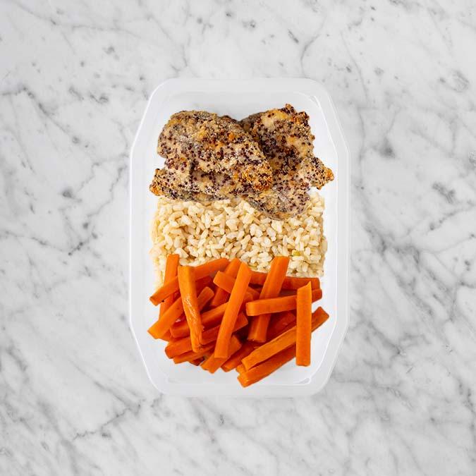 100g Crusted Chicken 100g Brown Rice 100g Honey Baked Carrots