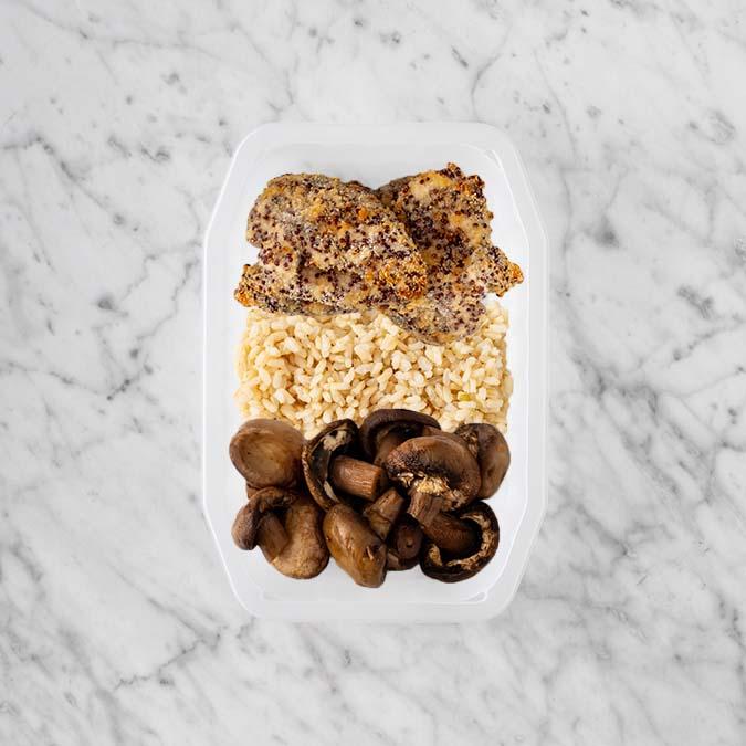 100g Crusted Chicken 100g Brown Rice 100g Mushrooms