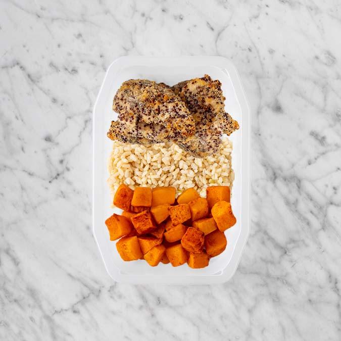 100g Crusted Chicken 100g Brown Rice 100g Rosemary Baked Sweet Potato