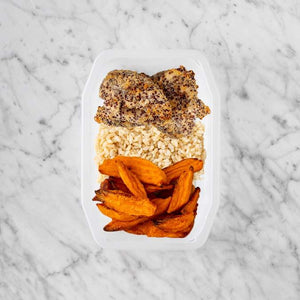 150g Crusted Chicken 100g Brown Rice 100g Sweet Potato Fries