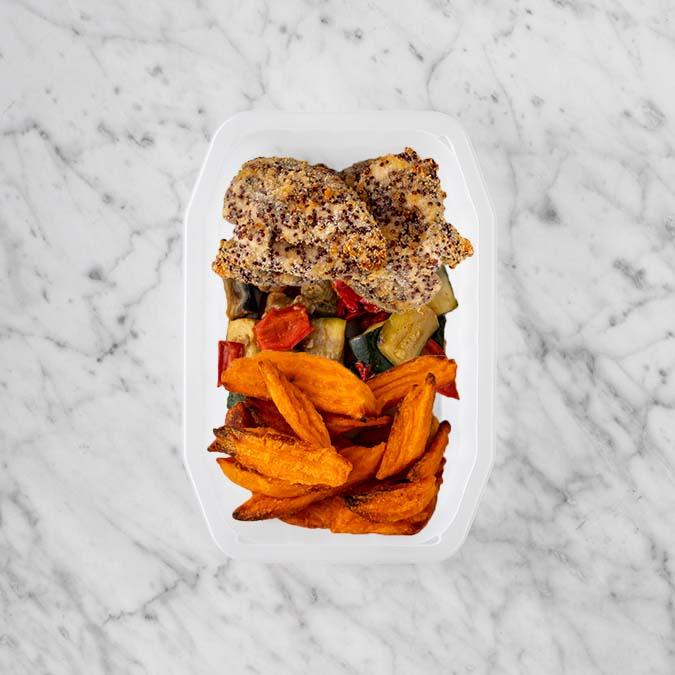 100g Crusted Chicken 50g Char Veg 50g Sweet Potato Fries