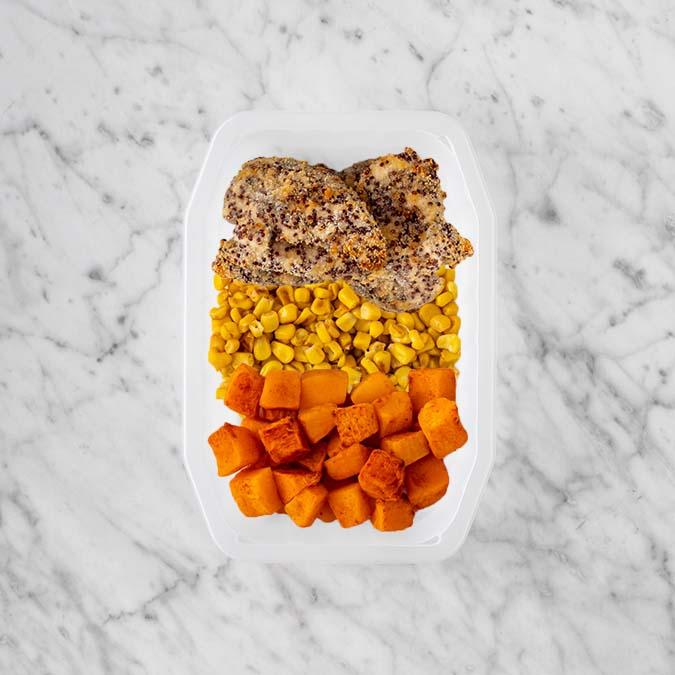 100g Crusted Chicken 50g Corn 100g Rosemary Baked Sweet Potato