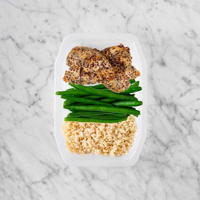 150g Crusted Chicken 50g Green Beans 50g Brown Rice