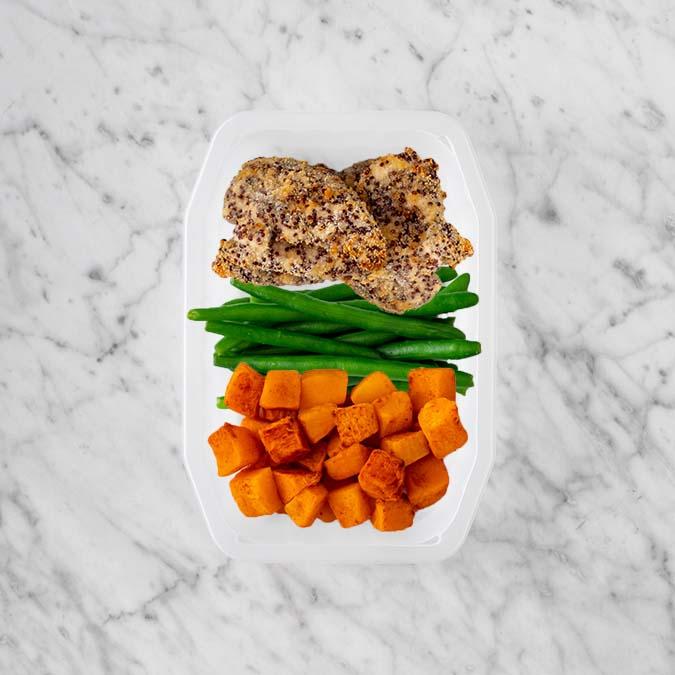 150g Crusted Chicken 100g Green Beans 100g Rosemary Baked Sweet Potato