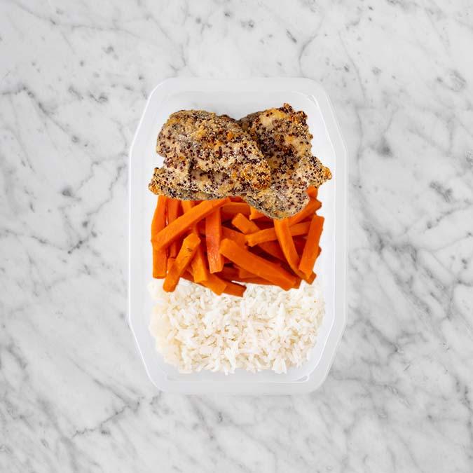 150g Crusted Chicken 100g Honey Baked Carrots 100g Basmati Rice
