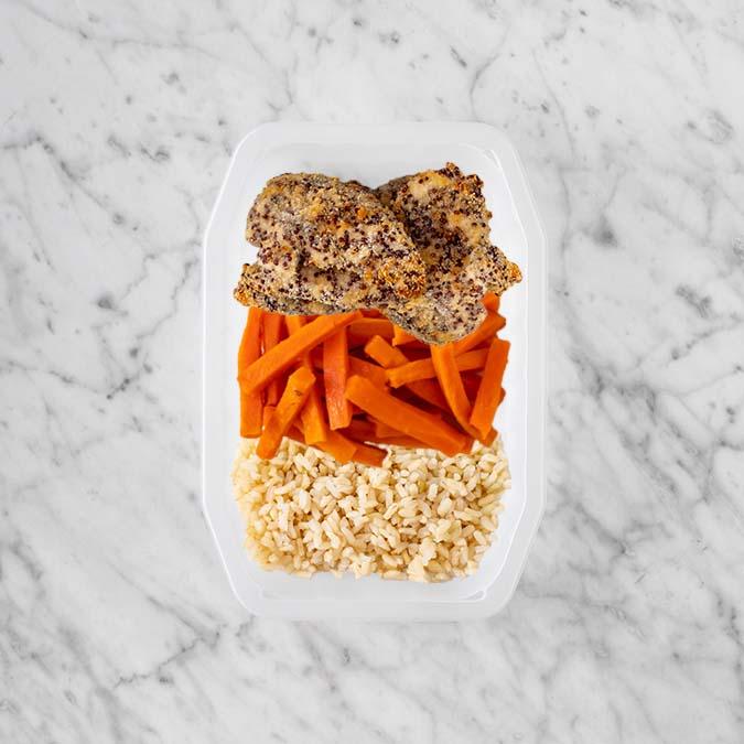 100g Crusted Chicken 50g Honey Baked Carrots 50g Brown Rice