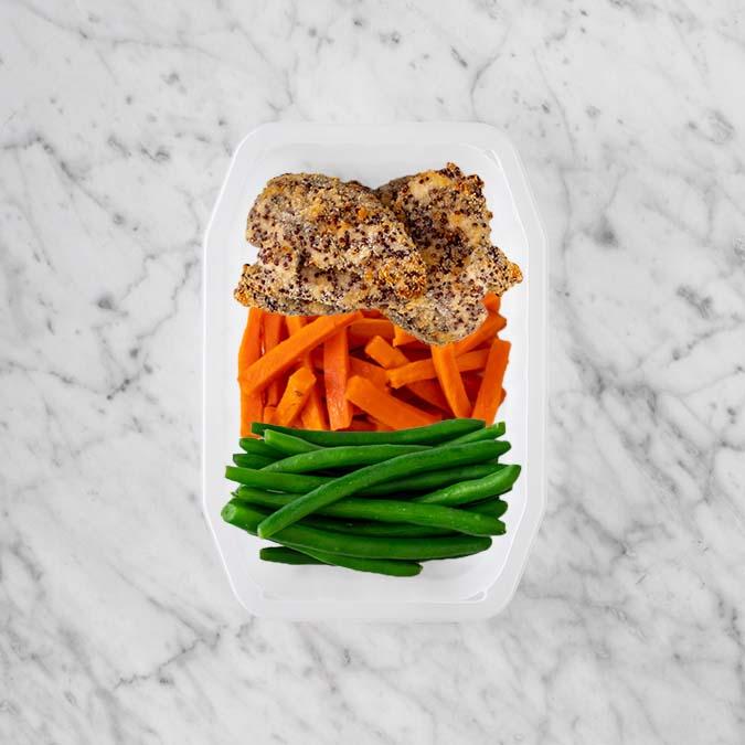 150g Crusted Chicken 100g Honey Baked Carrots 100g Green Beans