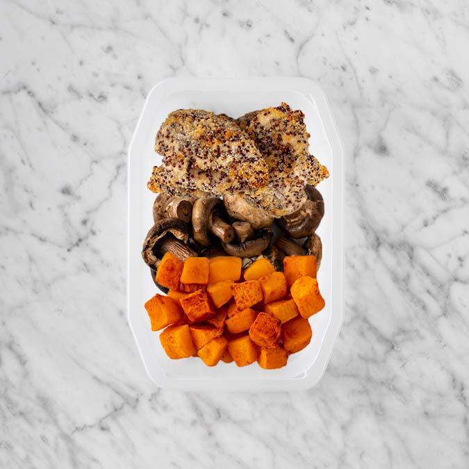 100g Crusted Chicken 100g Mushrooms 100g Rosemary Baked Sweet Potato