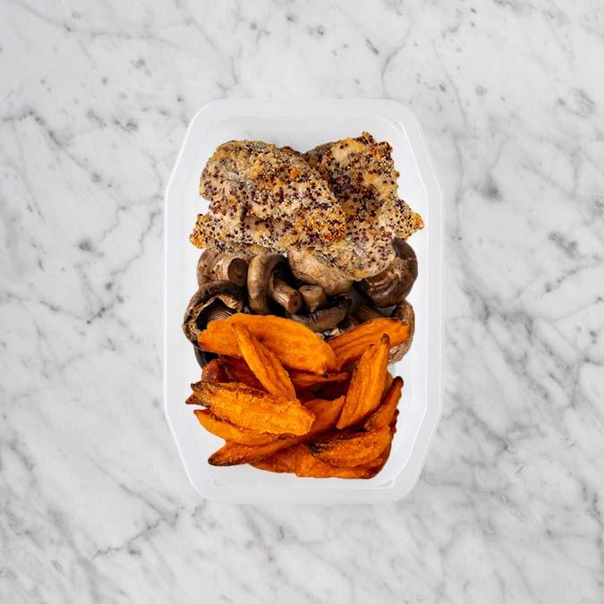 100g Crusted Chicken 100g Mushrooms 100g Sweet Potato Fries