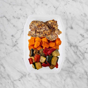 150g Crusted Chicken 100g Rosemary Baked Sweet Potato 100g Char Veg