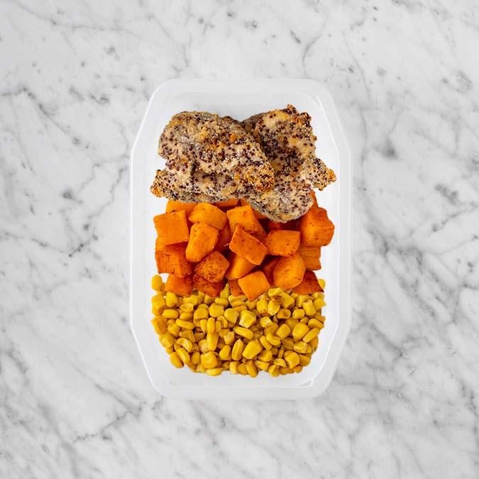 250g Crusted Chicken 250g Rosemary Baked Sweet Potato 150g Corn
