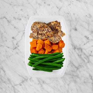 150g Crusted Chicken 100g Rosemary Baked Sweet Potato 100g Green Beans