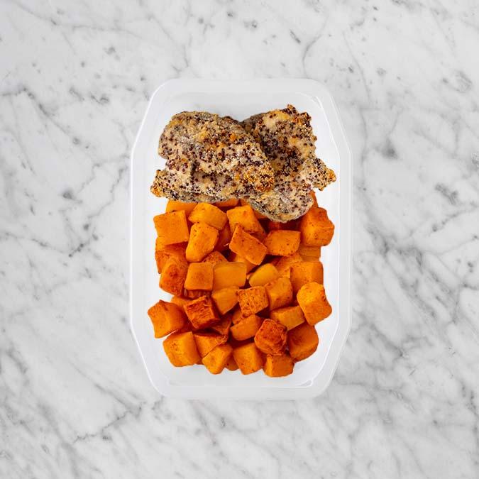 100g Crusted Chicken 50g Rosemary Baked Sweet Potato 50g Rosemary Baked Sweet Potato