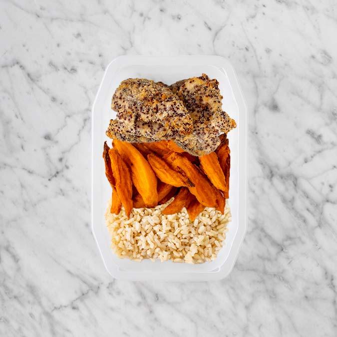100g Crusted Chicken 50g Sweet Potato Fries 50g Brown Rice