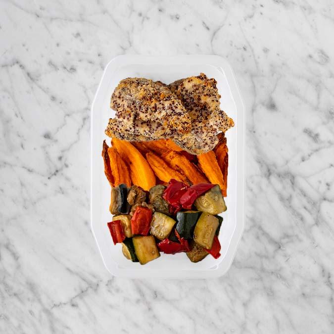 200g Crusted Chicken 100g Sweet Potato Fries 100g Char Veg