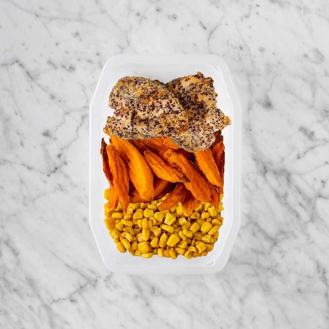 250g Crusted Chicken 250g Sweet Potato Fries 50g Corn