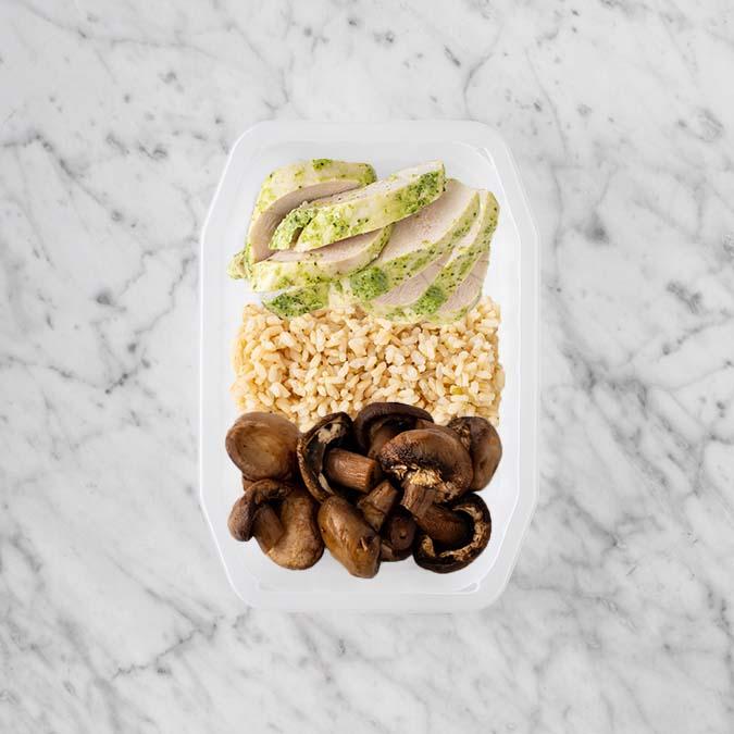 150g Garlic Herb Chicken Breast 100g Brown Rice 50g Mushrooms