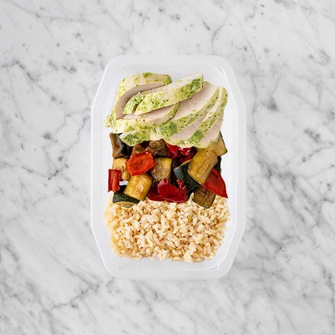 100g Garlic Herb Chicken Breast 150g Char Veg 50g Brown Rice