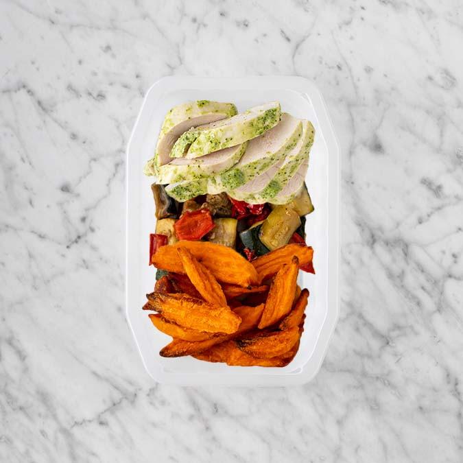 100g Garlic Herb Chicken Breast 200g Char Veg 100g Sweet Potato Fries