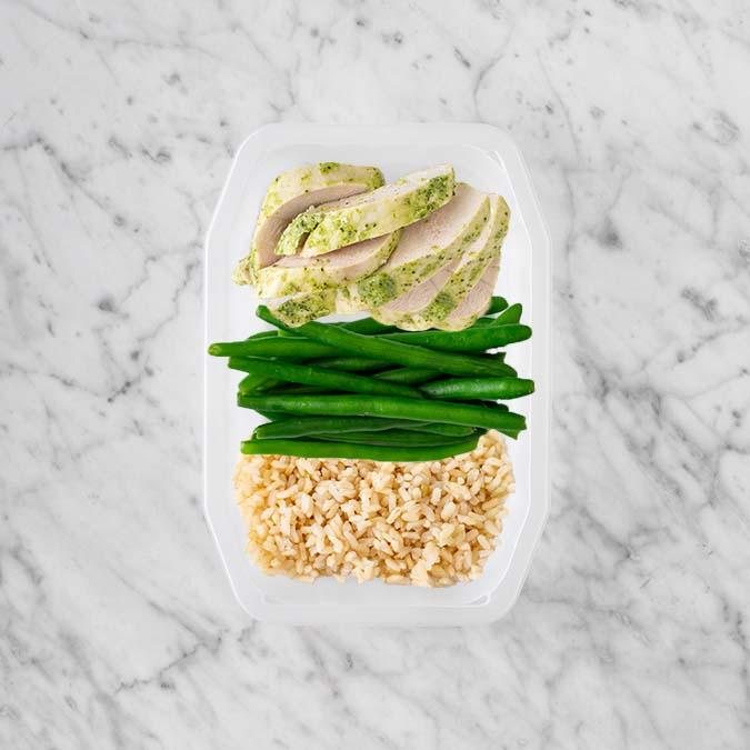 100g Garlic Herb Chicken Breast 100g Green Beans 250g Brown Rice