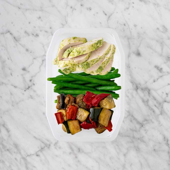 150g Garlic Herb Chicken Breast 50g Green Beans 50g Char Veg