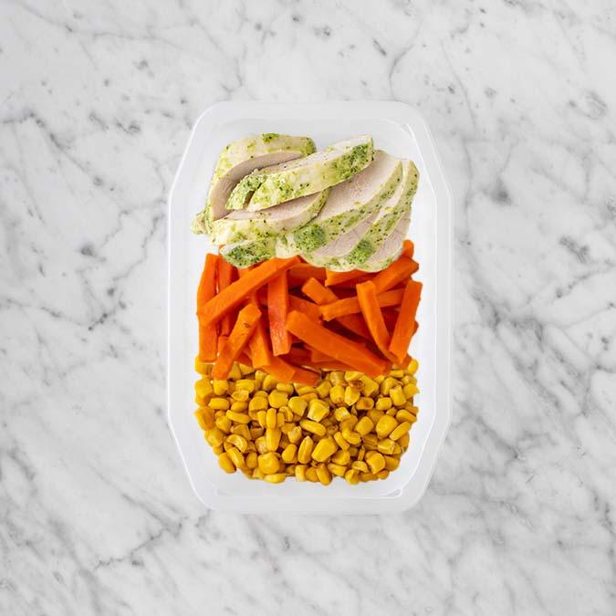 150g Garlic Herb Chicken Breast 100g Honey Baked Carrots 100g Corn