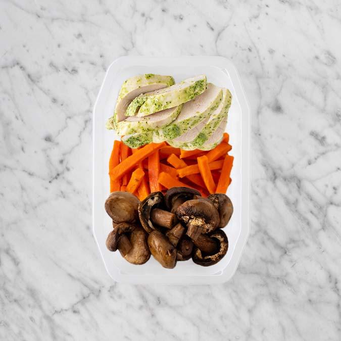 100g Garlic Herb Chicken Breast 150g Honey Baked Carrots 250g Mushrooms