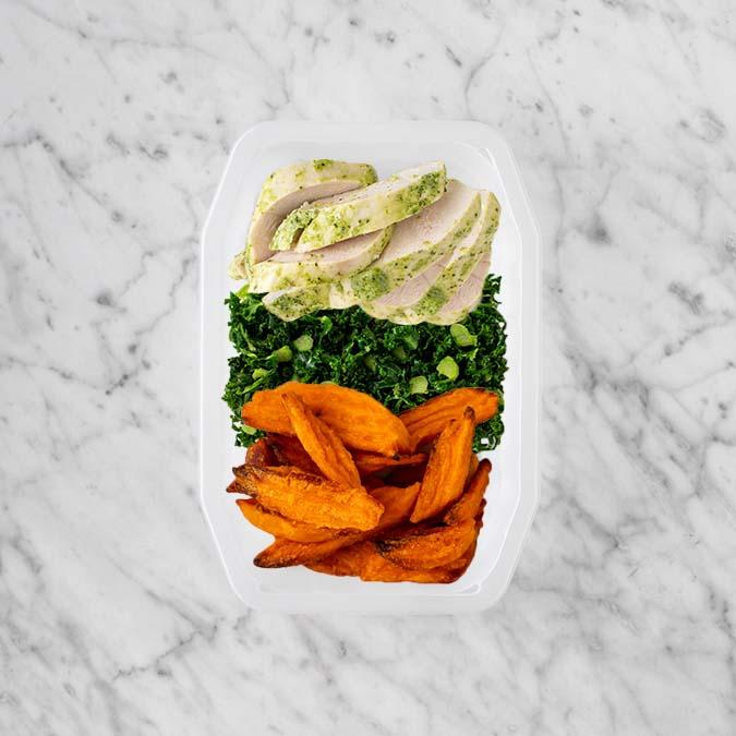 150g Garlic Herb Chicken Breast 100g Kale 100g Sweet Potato Fries
