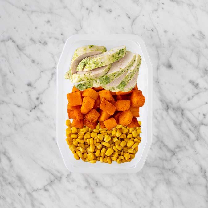 150g Garlic Herb Chicken Breast 50g Rosemary Baked Sweet Potato 50g Corn