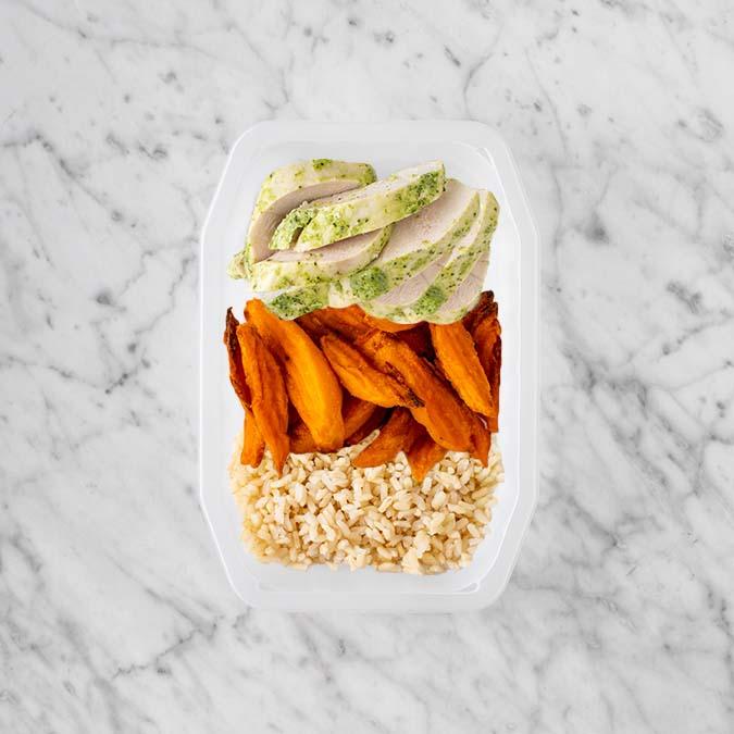 150g Garlic Herb Chicken Breast 100g Sweet Potato Fries 100g Brown Rice