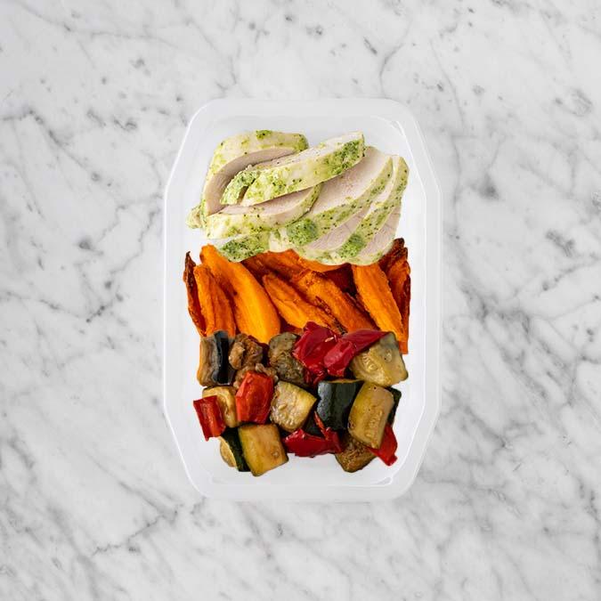 150g Garlic Herb Chicken Breast 100g Sweet Potato Fries 100g Char Veg