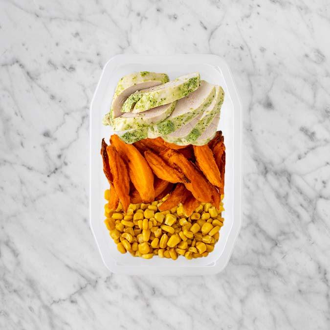 100g Garlic Herb Chicken Breast 150g Sweet Potato Fries 200g Corn