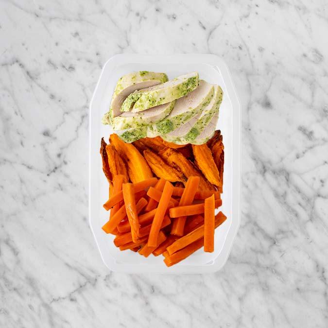 100g Garlic Herb Chicken Breast 250g Sweet Potato Fries 50g Honey Baked Carrots