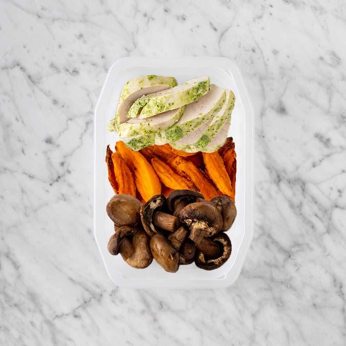 100g Garlic Herb Chicken Breast 250g Sweet Potato Fries 50g Mushrooms