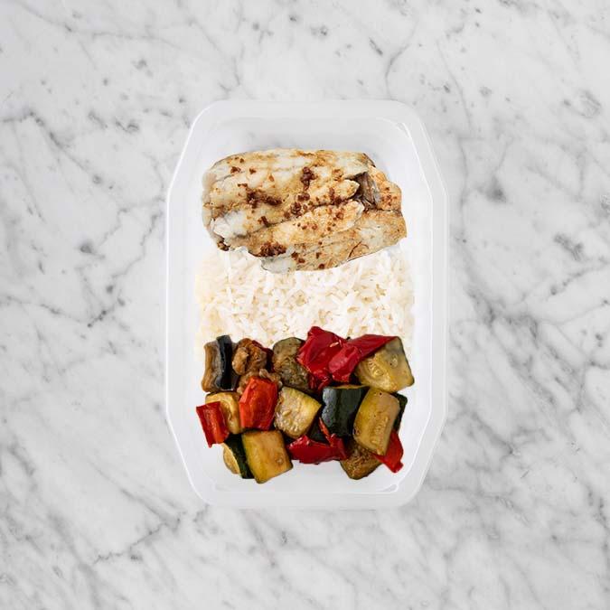 250g Honey Soy Barramundi 200g Basmati Rice 50g Char Veg