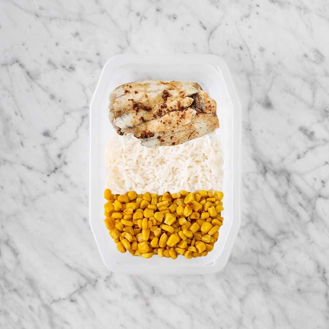250g Honey Soy Barramundi 200g Basmati Rice 50g Corn