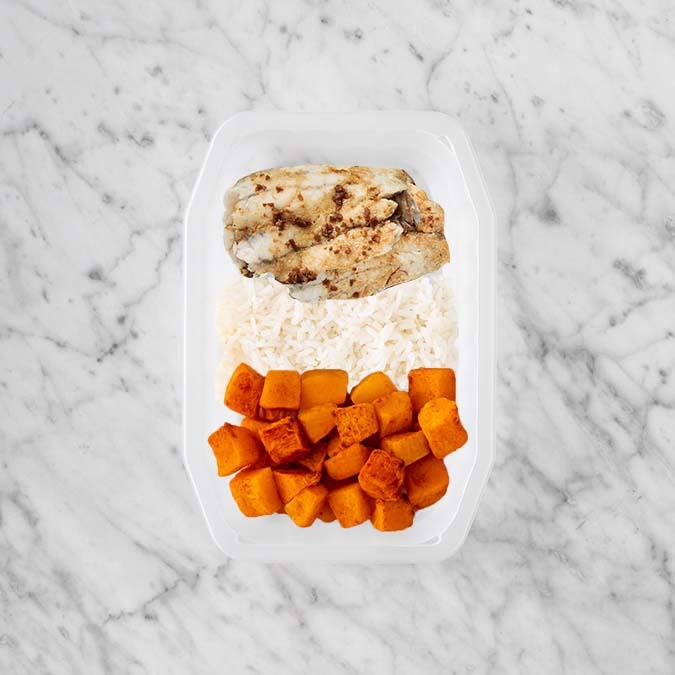 150g Honey Soy Barramundi 150g Basmati Rice 100g Rosemary Baked Sweet Potato