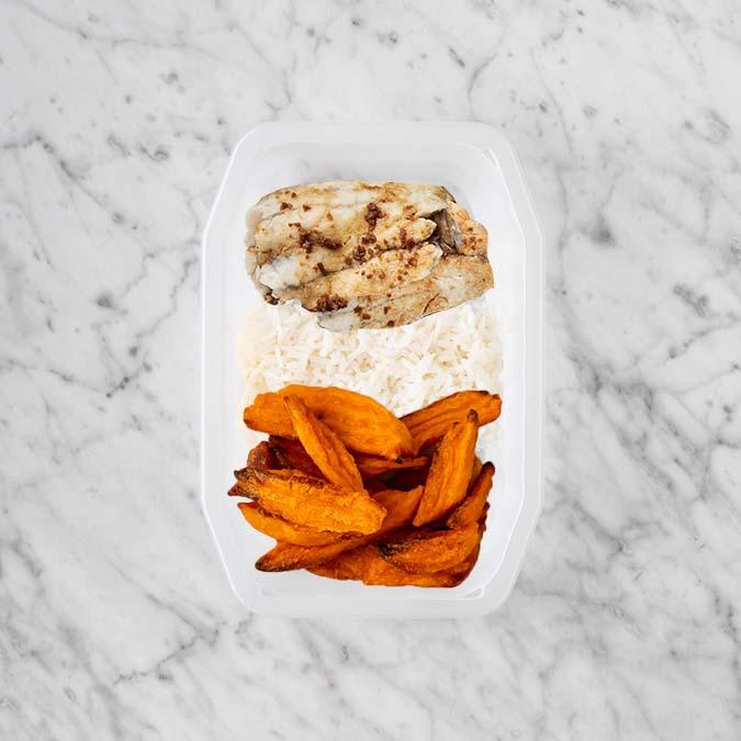 250g Honey Soy Barramundi 200g Basmati Rice 50g Sweet Potato Fries