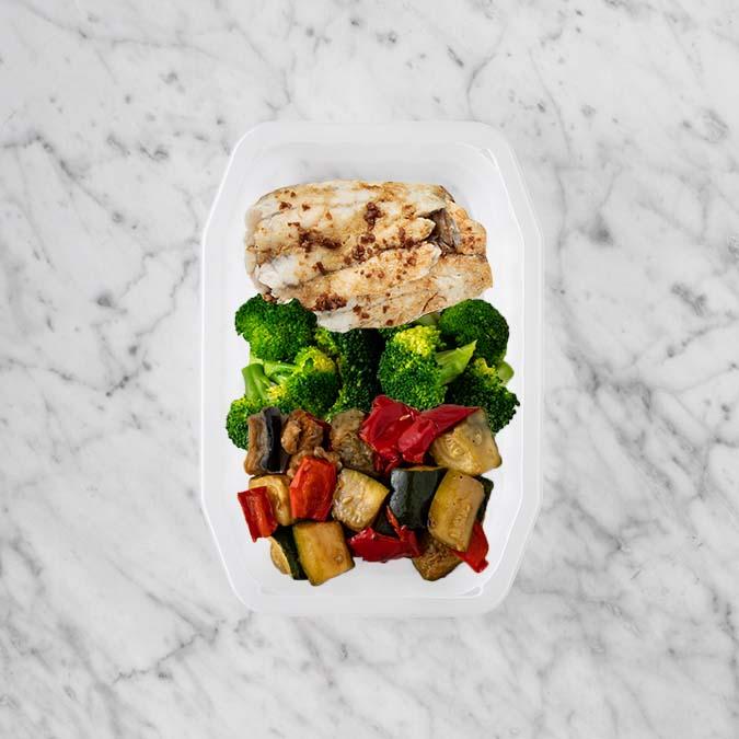 100g Honey Soy Barramundi 50g Broccoli 50g Char Veg
