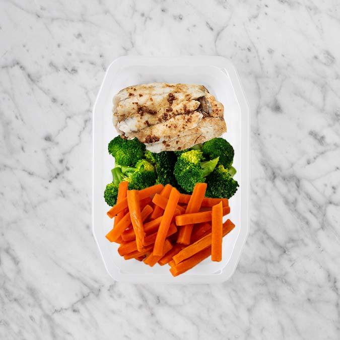150g Honey Soy Barramundi 100g Broccoli 100g Honey Baked Carrots