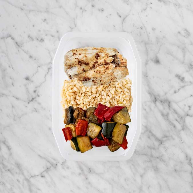 150g Honey Soy Barramundi 100g Brown Rice 100g Char Veg