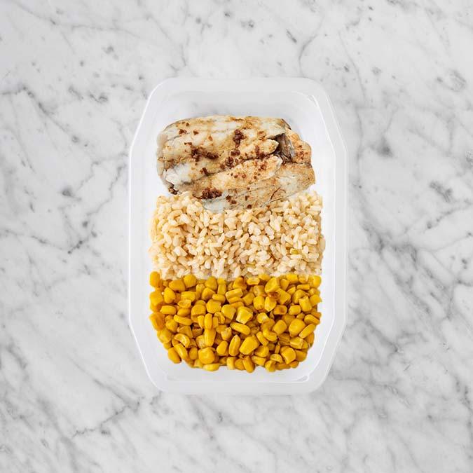 200g Honey Soy Barramundi 100g Brown Rice 100g Corn