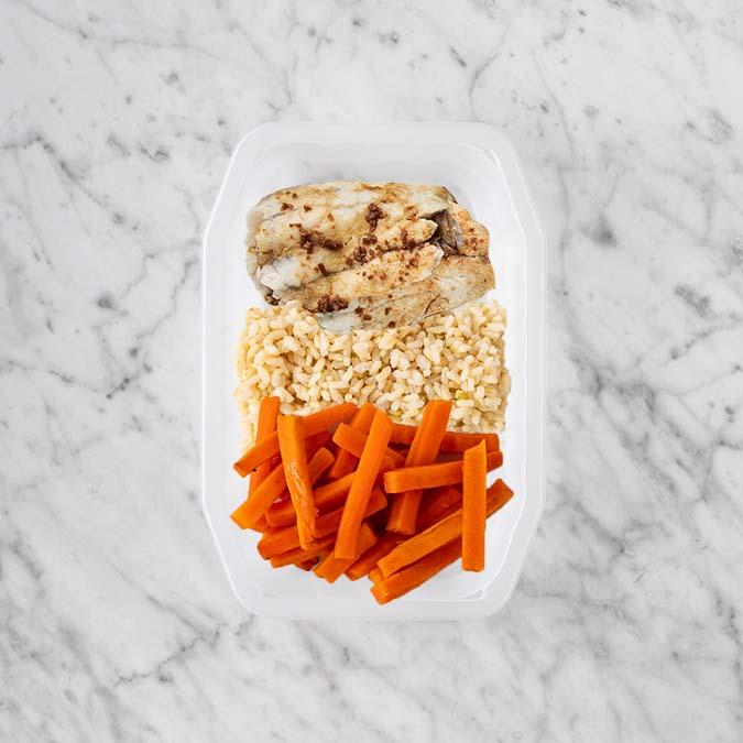 200g Honey Soy Barramundi 100g Brown Rice 100g Honey Baked Carrots