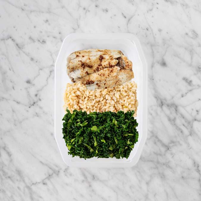 150g Honey Soy Barramundi 100g Brown Rice 50g Kale