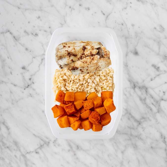150g Honey Soy Barramundi 100g Brown Rice 100g Rosemary Baked Sweet Potato